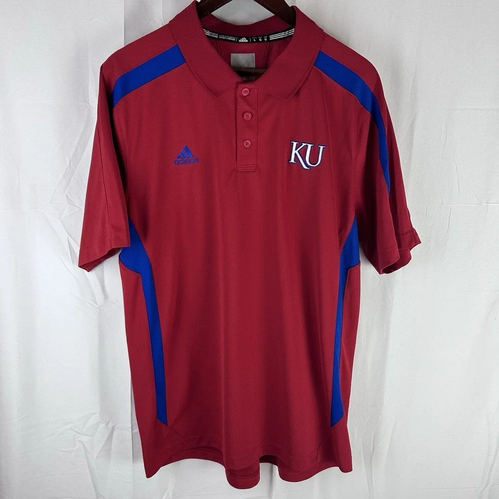 Kansas Jayhawks KU Adidas Climalite Short Sleeve Polo Shirt Men's Size Large Red